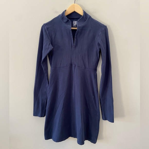 FIG Voyage Navy Blue Stretch Cotton Travel Long Sleeve Fitted Preppy Midi Dress - Picture 1 of 4